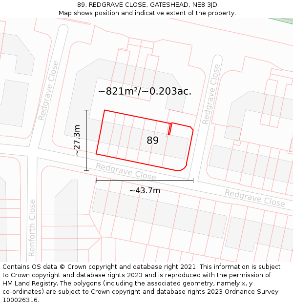 89, REDGRAVE CLOSE, GATESHEAD, NE8 3JD: Plot and title map