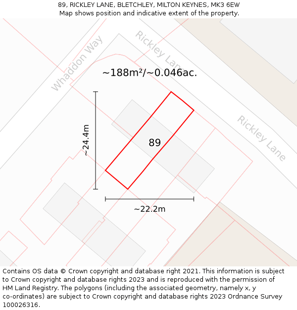 89, RICKLEY LANE, BLETCHLEY, MILTON KEYNES, MK3 6EW: Plot and title map