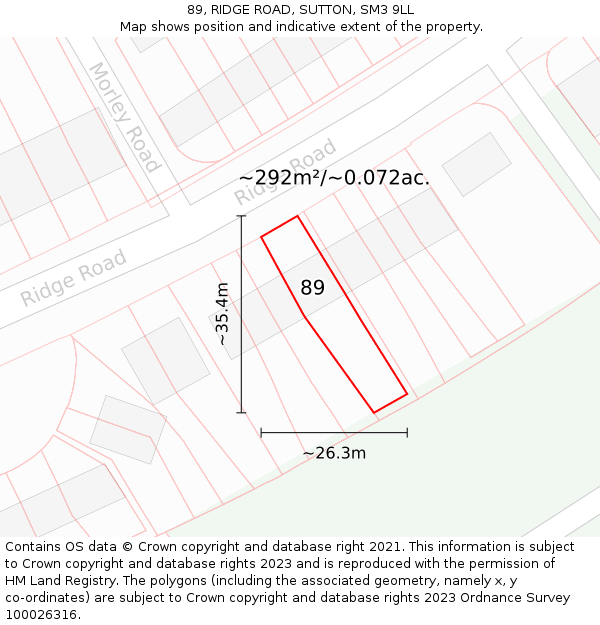 89, RIDGE ROAD, SUTTON, SM3 9LL: Plot and title map