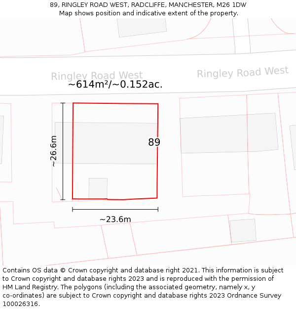 89, RINGLEY ROAD WEST, RADCLIFFE, MANCHESTER, M26 1DW: Plot and title map