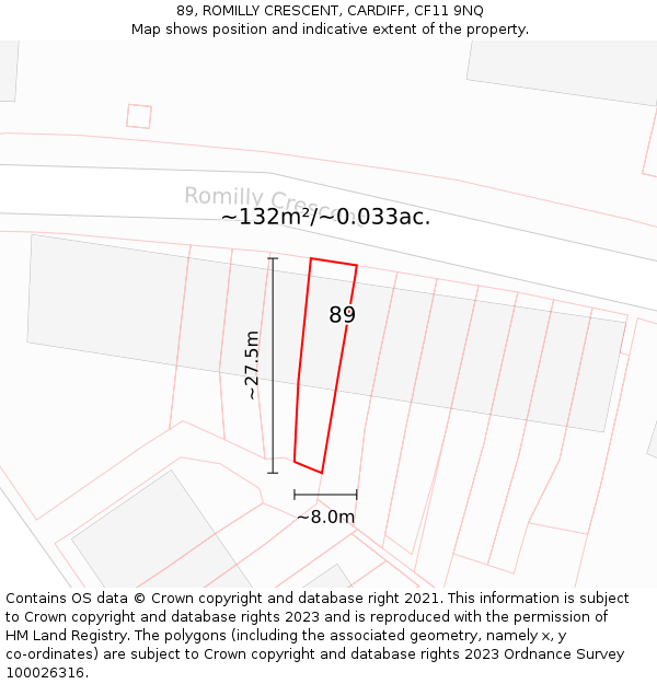 89, ROMILLY CRESCENT, CARDIFF, CF11 9NQ: Plot and title map