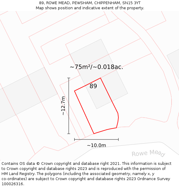 89, ROWE MEAD, PEWSHAM, CHIPPENHAM, SN15 3YT: Plot and title map
