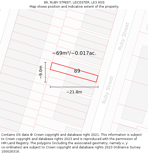 89, RUBY STREET, LEICESTER, LE3 9GS: Plot and title map