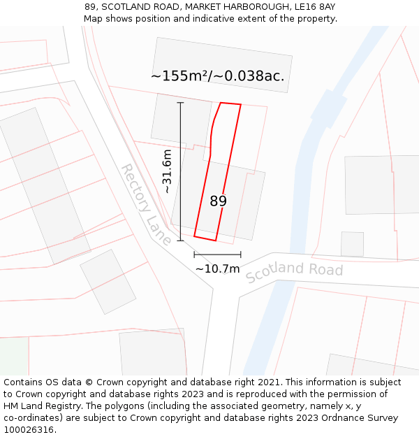 89, SCOTLAND ROAD, MARKET HARBOROUGH, LE16 8AY: Plot and title map