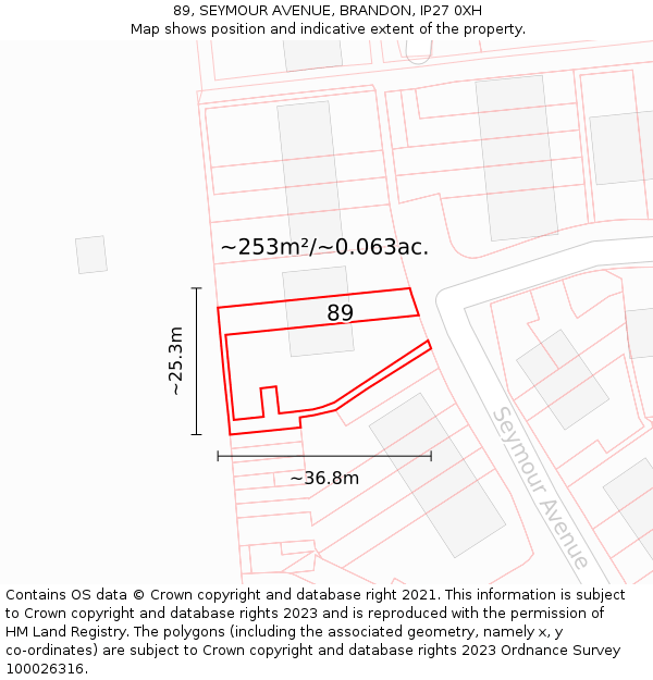 89, SEYMOUR AVENUE, BRANDON, IP27 0XH: Plot and title map