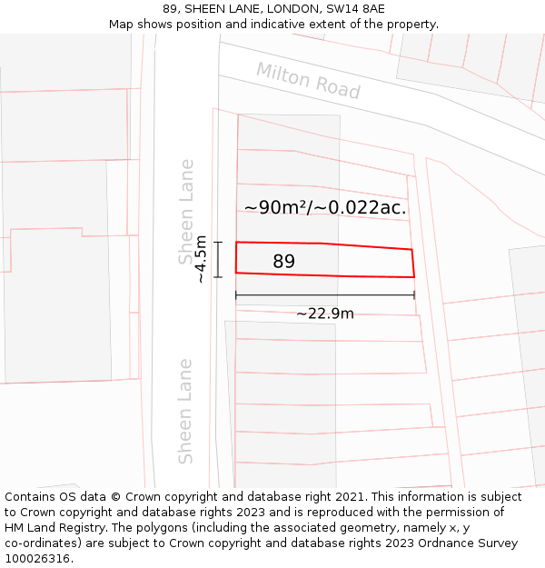 89, SHEEN LANE, LONDON, SW14 8AE: Plot and title map