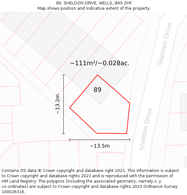 89, SHELDON DRIVE, WELLS, BA5 2HF: Plot and title map