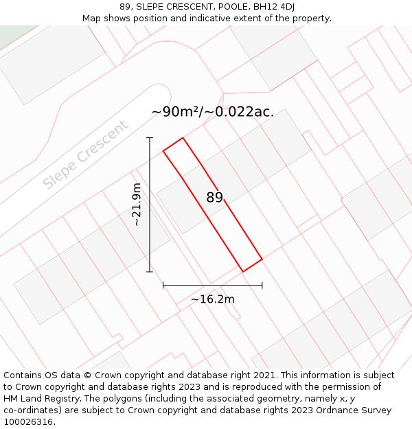 89, SLEPE CRESCENT, POOLE, BH12 4DJ: Plot and title map