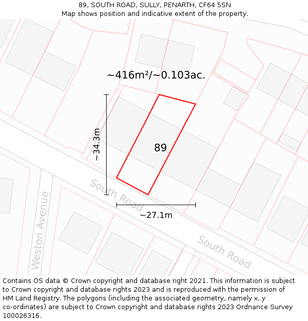 89, SOUTH ROAD, SULLY, PENARTH, CF64 5SN: Plot and title map