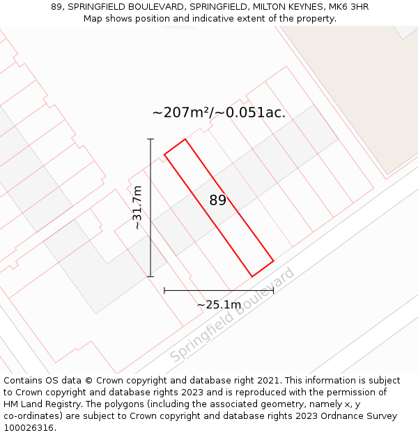 89, SPRINGFIELD BOULEVARD, SPRINGFIELD, MILTON KEYNES, MK6 3HR: Plot and title map