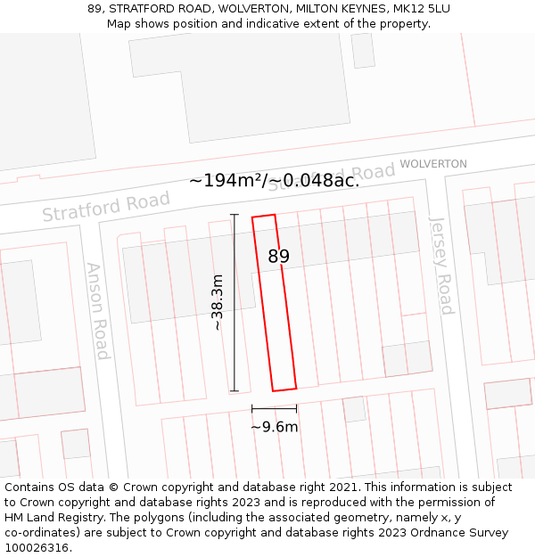 89, STRATFORD ROAD, WOLVERTON, MILTON KEYNES, MK12 5LU: Plot and title map