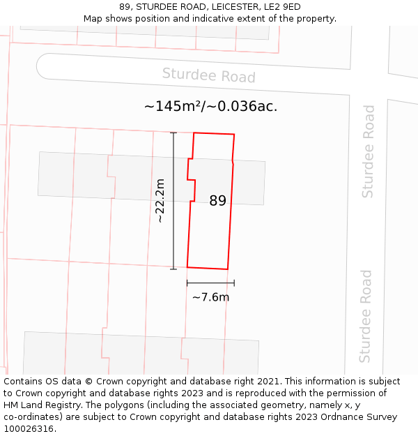 89, STURDEE ROAD, LEICESTER, LE2 9ED: Plot and title map