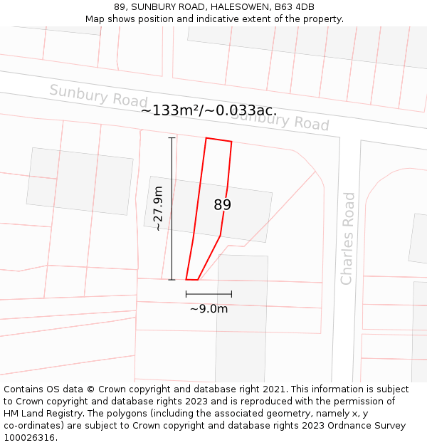 89, SUNBURY ROAD, HALESOWEN, B63 4DB: Plot and title map
