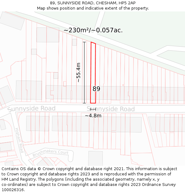 89, SUNNYSIDE ROAD, CHESHAM, HP5 2AP: Plot and title map
