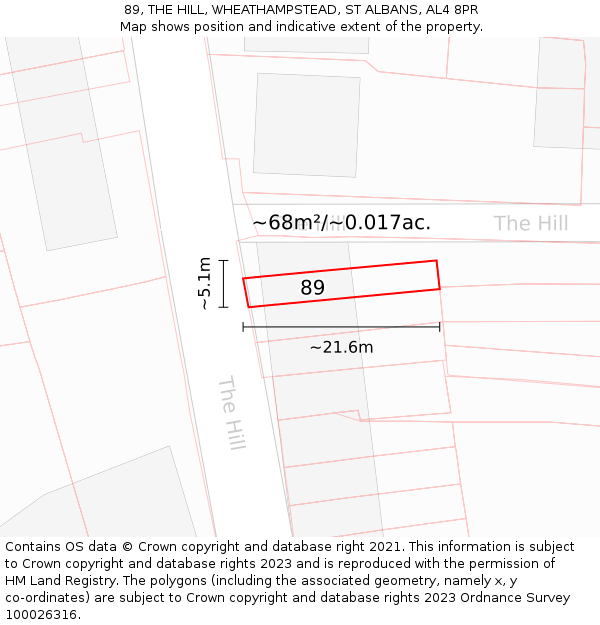 89, THE HILL, WHEATHAMPSTEAD, ST ALBANS, AL4 8PR: Plot and title map