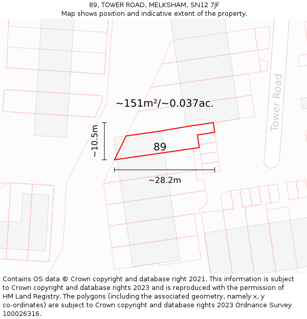 89, TOWER ROAD, MELKSHAM, SN12 7JF: Plot and title map