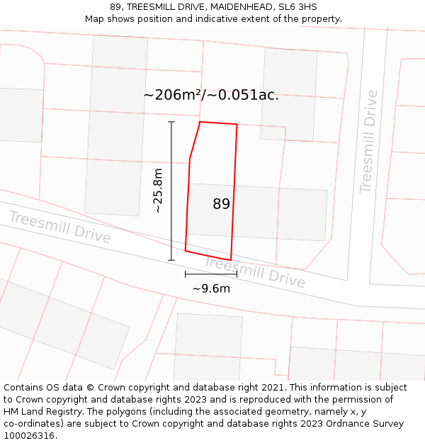 89, TREESMILL DRIVE, MAIDENHEAD, SL6 3HS: Plot and title map