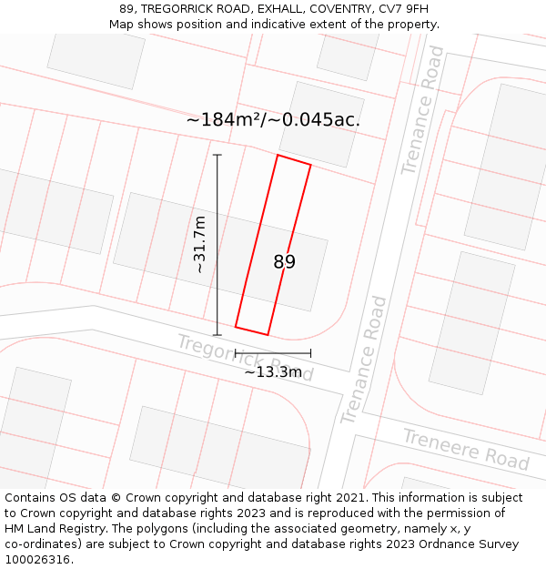 89, TREGORRICK ROAD, EXHALL, COVENTRY, CV7 9FH: Plot and title map