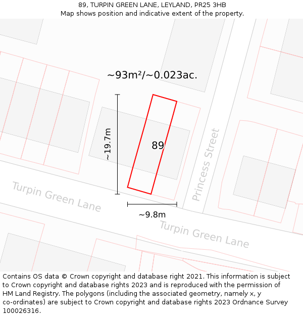 89, TURPIN GREEN LANE, LEYLAND, PR25 3HB: Plot and title map