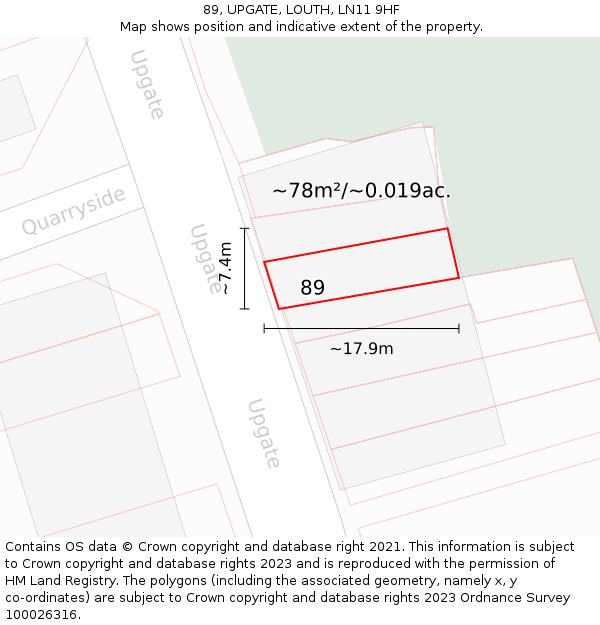 89, UPGATE, LOUTH, LN11 9HF: Plot and title map