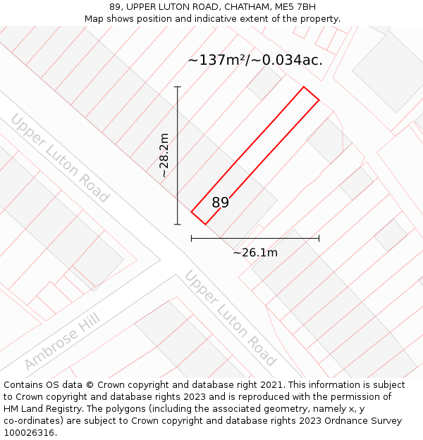 89, UPPER LUTON ROAD, CHATHAM, ME5 7BH: Plot and title map