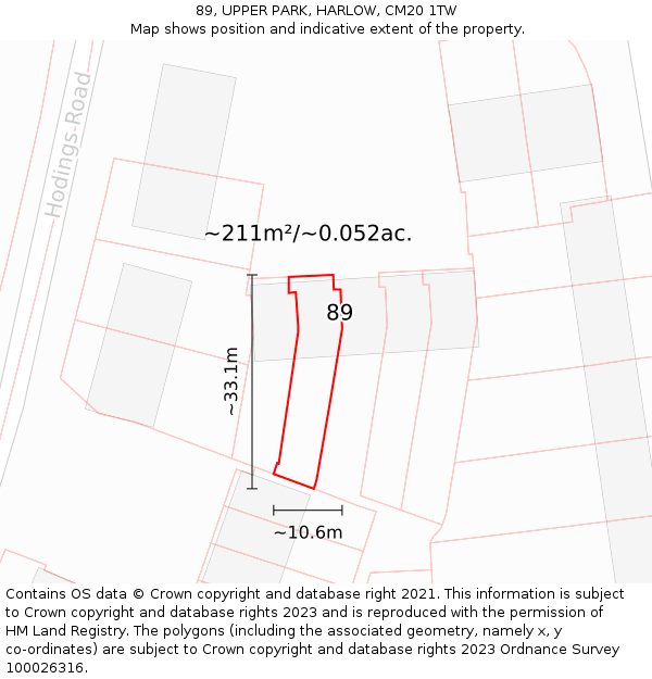 89, UPPER PARK, HARLOW, CM20 1TW: Plot and title map