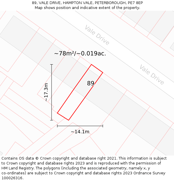 89, VALE DRIVE, HAMPTON VALE, PETERBOROUGH, PE7 8EP: Plot and title map