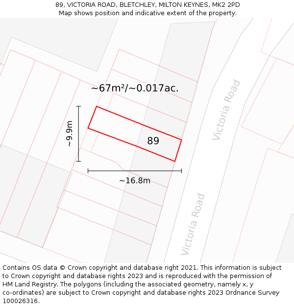 89, VICTORIA ROAD, BLETCHLEY, MILTON KEYNES, MK2 2PD: Plot and title map