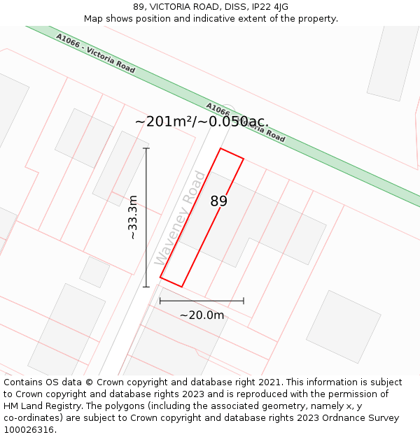 89, VICTORIA ROAD, DISS, IP22 4JG: Plot and title map