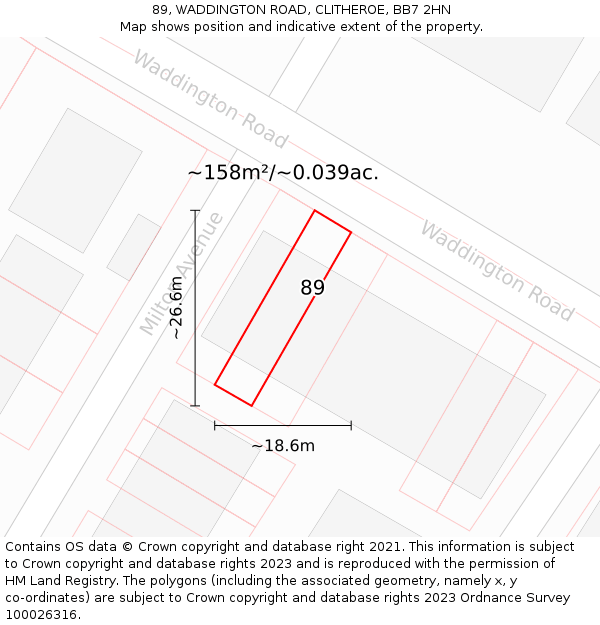 89, WADDINGTON ROAD, CLITHEROE, BB7 2HN: Plot and title map