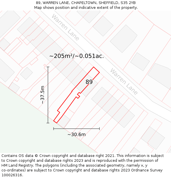 89, WARREN LANE, CHAPELTOWN, SHEFFIELD, S35 2YB: Plot and title map
