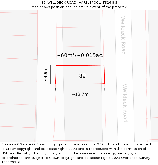 89, WELLDECK ROAD, HARTLEPOOL, TS26 8JS: Plot and title map