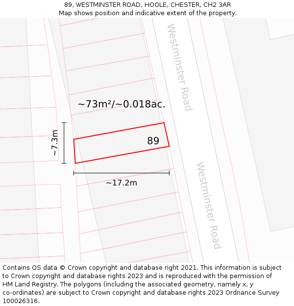 89, WESTMINSTER ROAD, HOOLE, CHESTER, CH2 3AR: Plot and title map