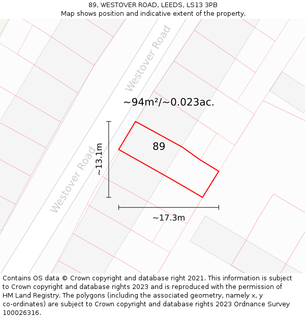 89, WESTOVER ROAD, LEEDS, LS13 3PB: Plot and title map