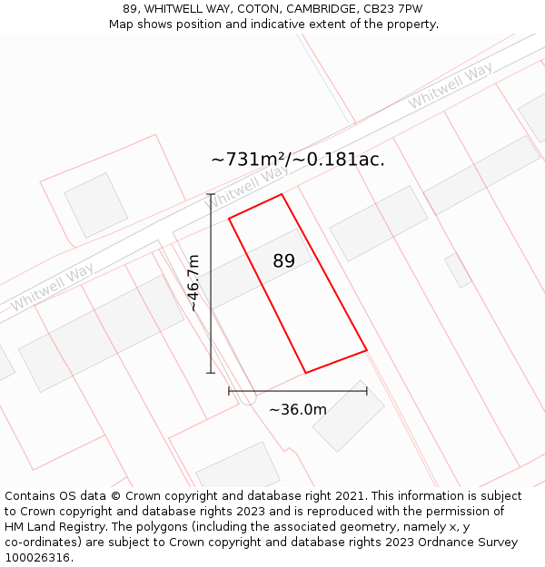 89, WHITWELL WAY, COTON, CAMBRIDGE, CB23 7PW: Plot and title map