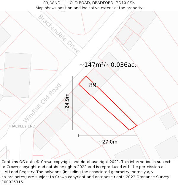 89, WINDHILL OLD ROAD, BRADFORD, BD10 0SN: Plot and title map