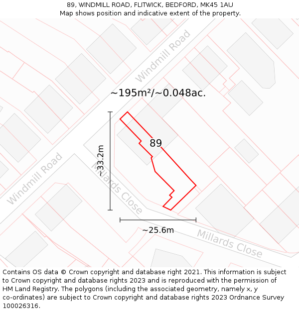 89, WINDMILL ROAD, FLITWICK, BEDFORD, MK45 1AU: Plot and title map