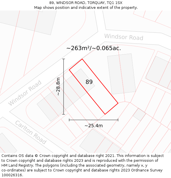 89, WINDSOR ROAD, TORQUAY, TQ1 1SX: Plot and title map