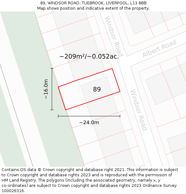 89, WINDSOR ROAD, TUEBROOK, LIVERPOOL, L13 8BB: Plot and title map