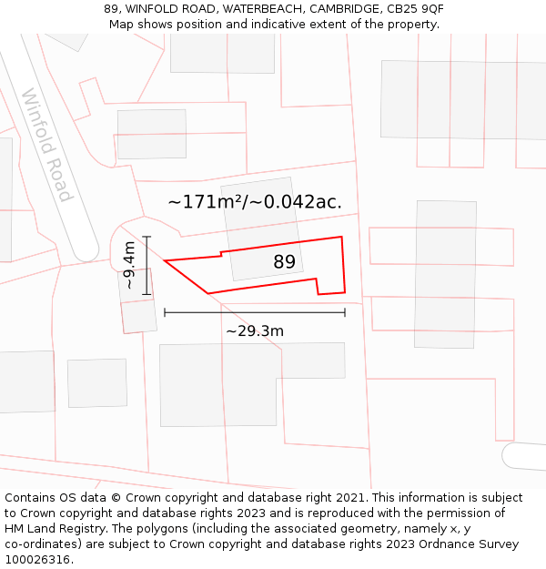 89, WINFOLD ROAD, WATERBEACH, CAMBRIDGE, CB25 9QF: Plot and title map