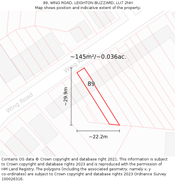 89, WING ROAD, LEIGHTON BUZZARD, LU7 2NH: Plot and title map