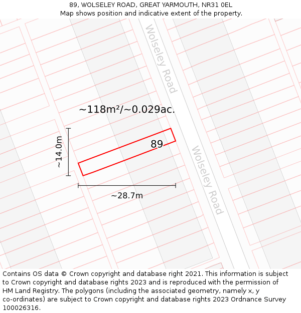 89, WOLSELEY ROAD, GREAT YARMOUTH, NR31 0EL: Plot and title map