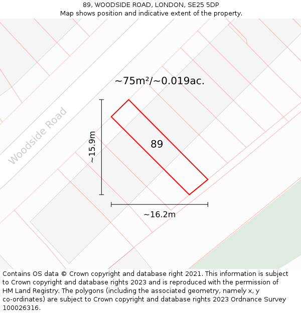 89, WOODSIDE ROAD, LONDON, SE25 5DP: Plot and title map