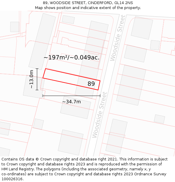 89, WOODSIDE STREET, CINDERFORD, GL14 2NS: Plot and title map