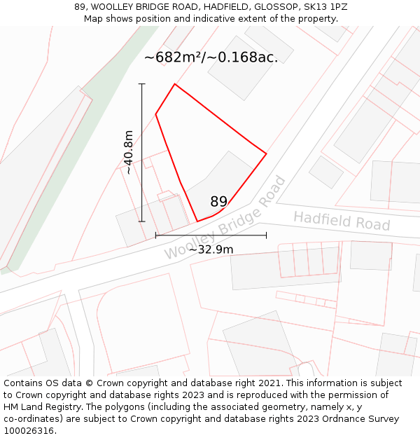 89, WOOLLEY BRIDGE ROAD, HADFIELD, GLOSSOP, SK13 1PZ: Plot and title map