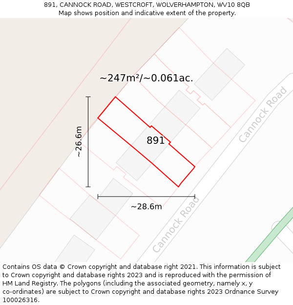 891, CANNOCK ROAD, WESTCROFT, WOLVERHAMPTON, WV10 8QB: Plot and title map