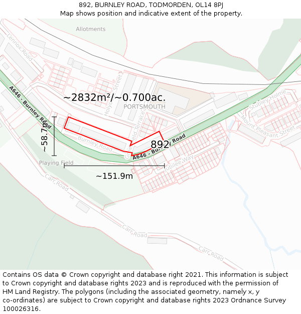 892, BURNLEY ROAD, TODMORDEN, OL14 8PJ: Plot and title map
