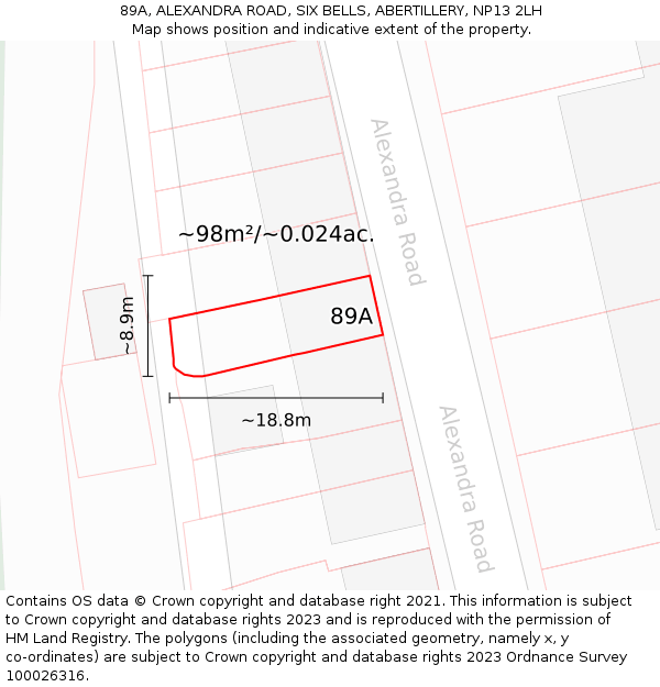 89A, ALEXANDRA ROAD, SIX BELLS, ABERTILLERY, NP13 2LH: Plot and title map