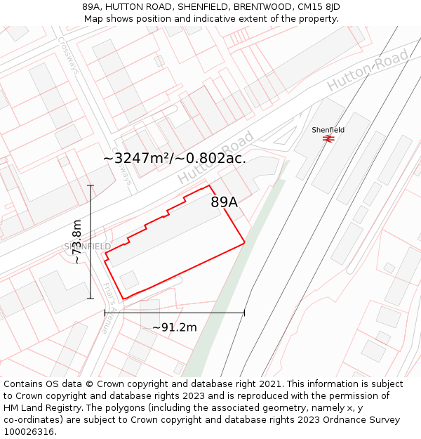 89A, HUTTON ROAD, SHENFIELD, BRENTWOOD, CM15 8JD: Plot and title map
