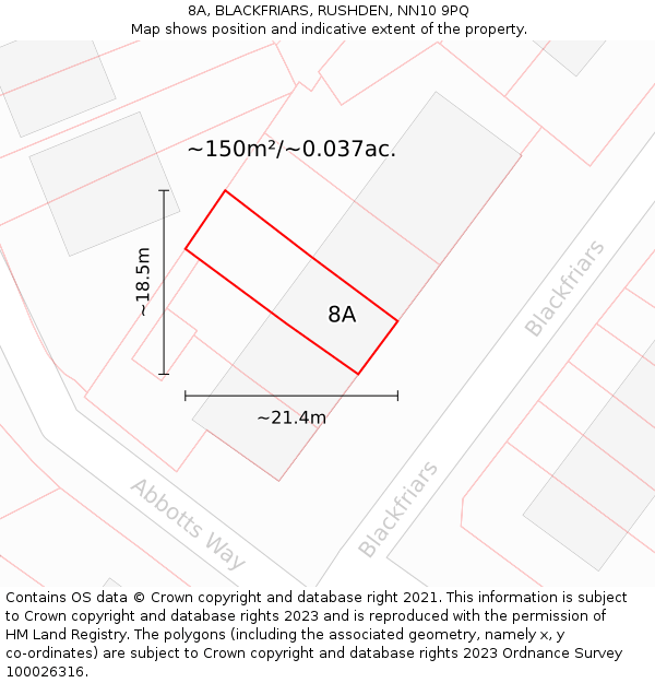 8A, BLACKFRIARS, RUSHDEN, NN10 9PQ: Plot and title map